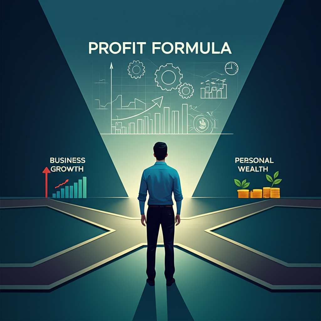 Illustration of a person at crossroads leading to business growth and personal wealth, symbolizing the profit formula as a guide to financial strategy