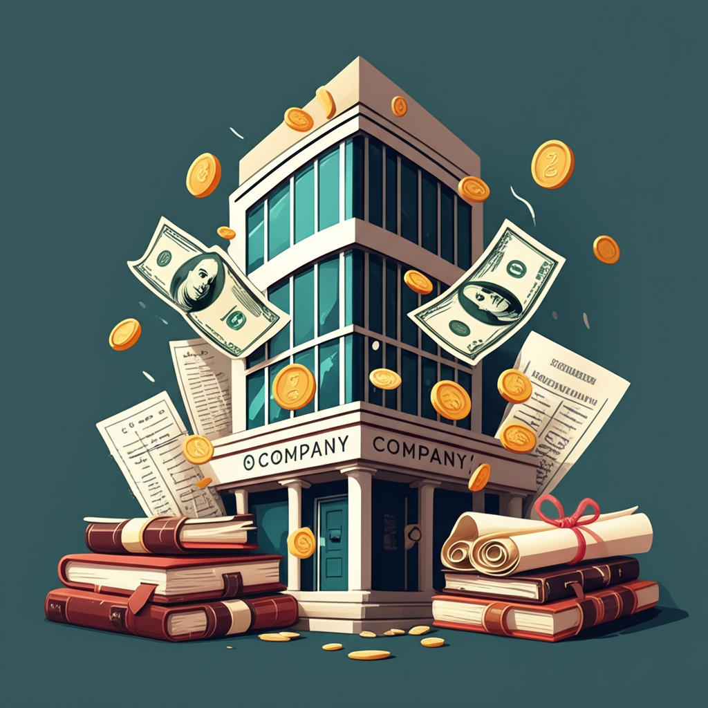 資金流入公司建築的圖示,伴隨會計帳冊和法律卷軸,象徵初始資本投入