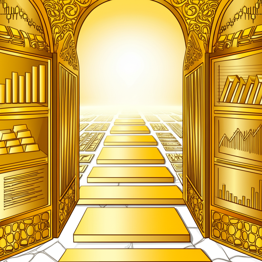 金色大門開啟,通往一條鋪滿各種黃金圖表的小徑,包括K線圖、折線圖、柱狀圖,代表從日線到20年的不同時間框架