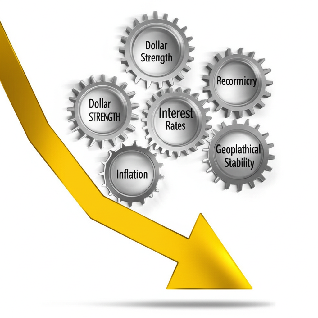 五個互聯齒輪代表美元強勢、利率、通膨、經濟復甦與地緣政治穩定,驅動黃金價格向下箭頭