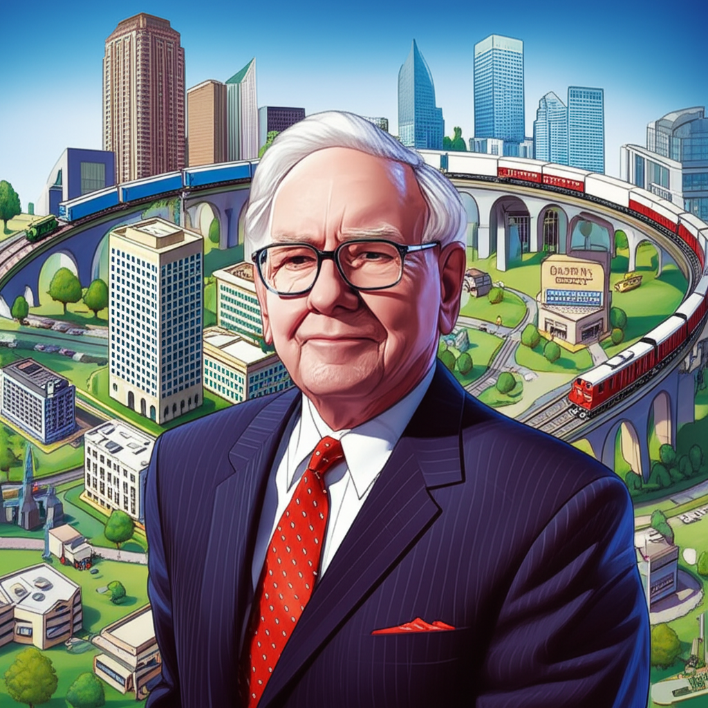 華倫·巴菲特領導的波克夏海瑟威多元化帝國插圖，展示保險、鐵路和科技巨頭等投資
