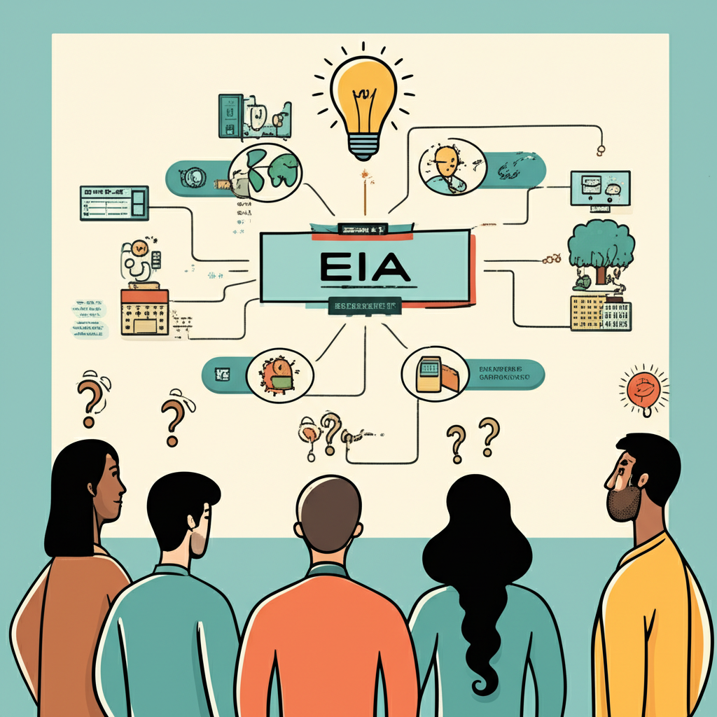 EIA 多重語意揭秘圖示,顯示環境、能源與科技符號的多重路徑,以及人們從困惑到領悟的過程