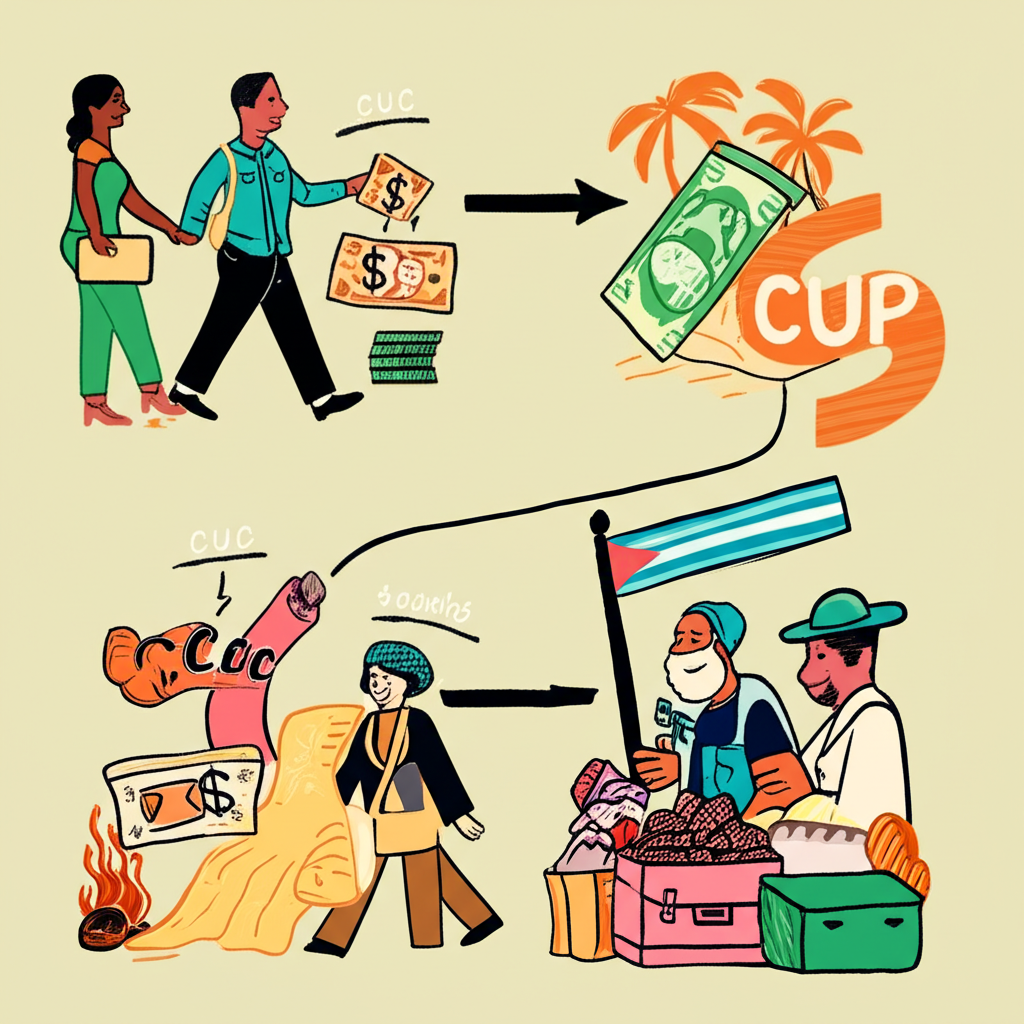 古巴雙軌貨幣系統的經濟路徑插圖,顯示遊客與當地人的差異