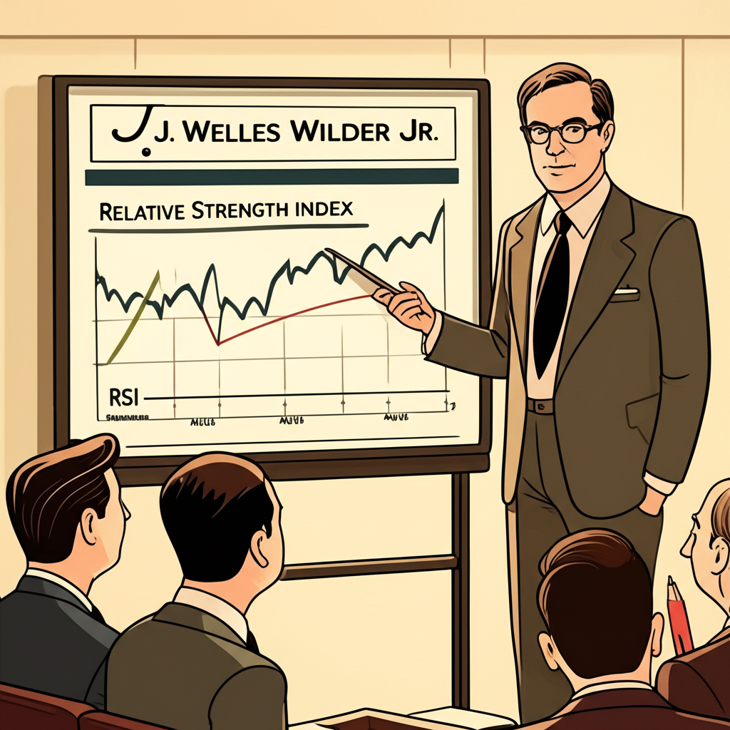 歷史人物J. Welles Wilder Jr.向投資人展示相對強弱指標RSI圖表,強調動量與價格反轉的插圖