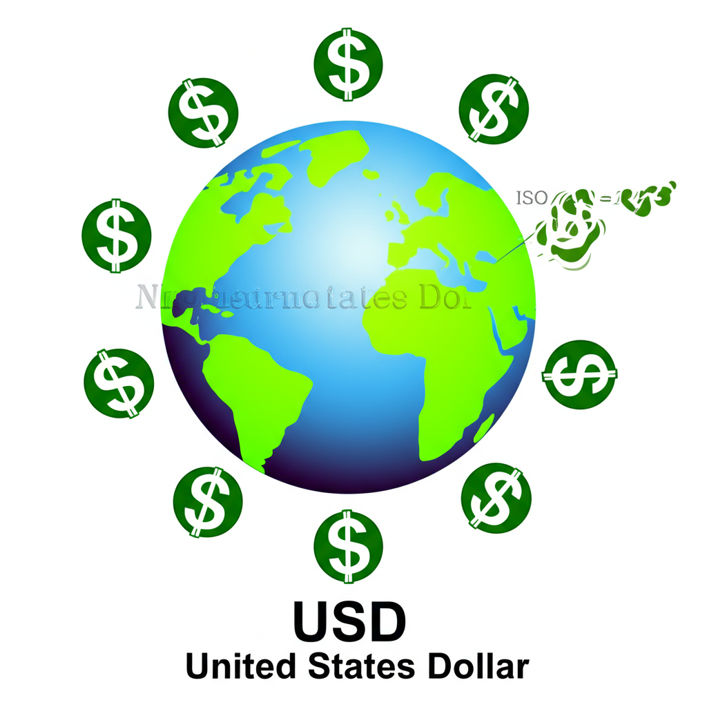 全球貨幣 USD 美元的插圖,環繞地球的美元符號與 ISO 4217 代碼