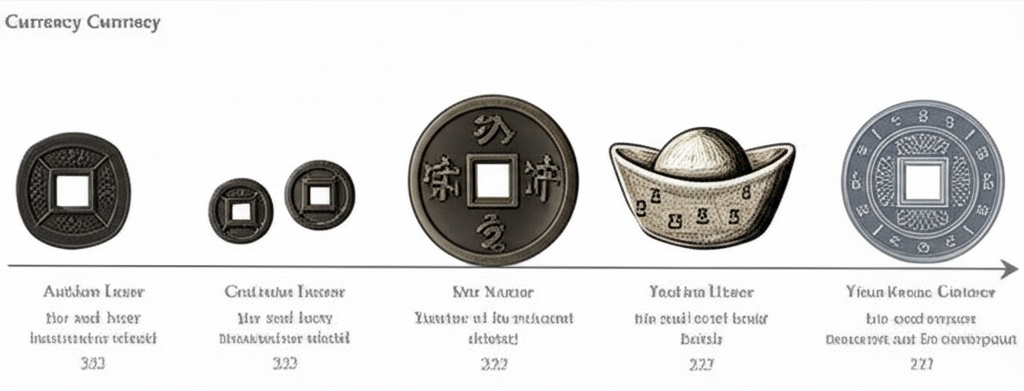 中國貨幣演進時間線插圖,從古代貝幣到現代紙幣,展現歷史變遷