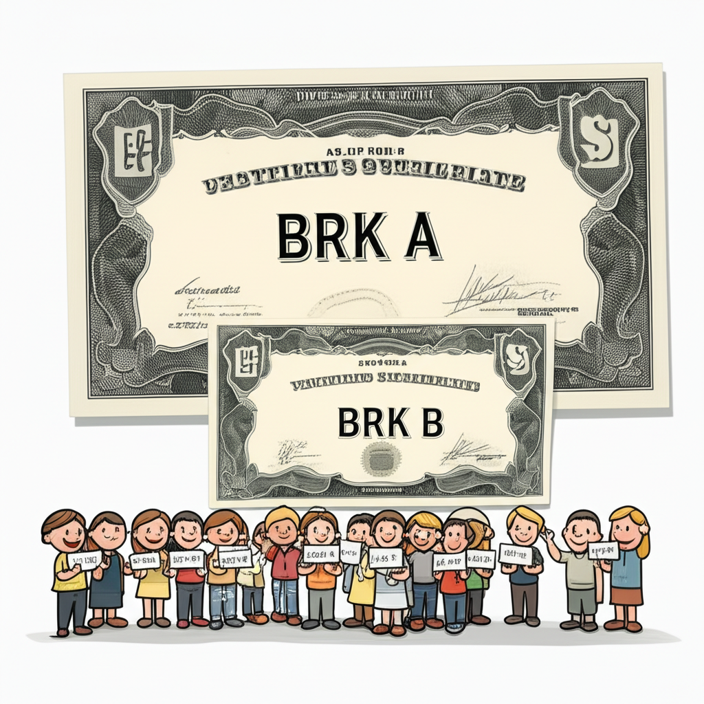 BRK.A 和 BRK.B 股票證書比較插圖，展示高價 A 股與親民 B 股，讓小投資者更容易參與