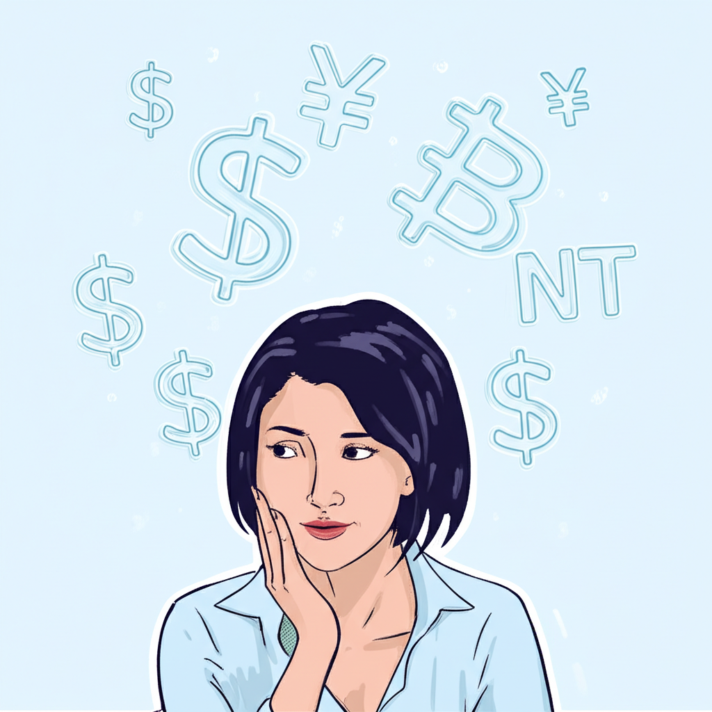 一位台灣投資人注視美國股市圖表,周圍浮現美元和新台幣符號,象徵貨幣兌換需求
