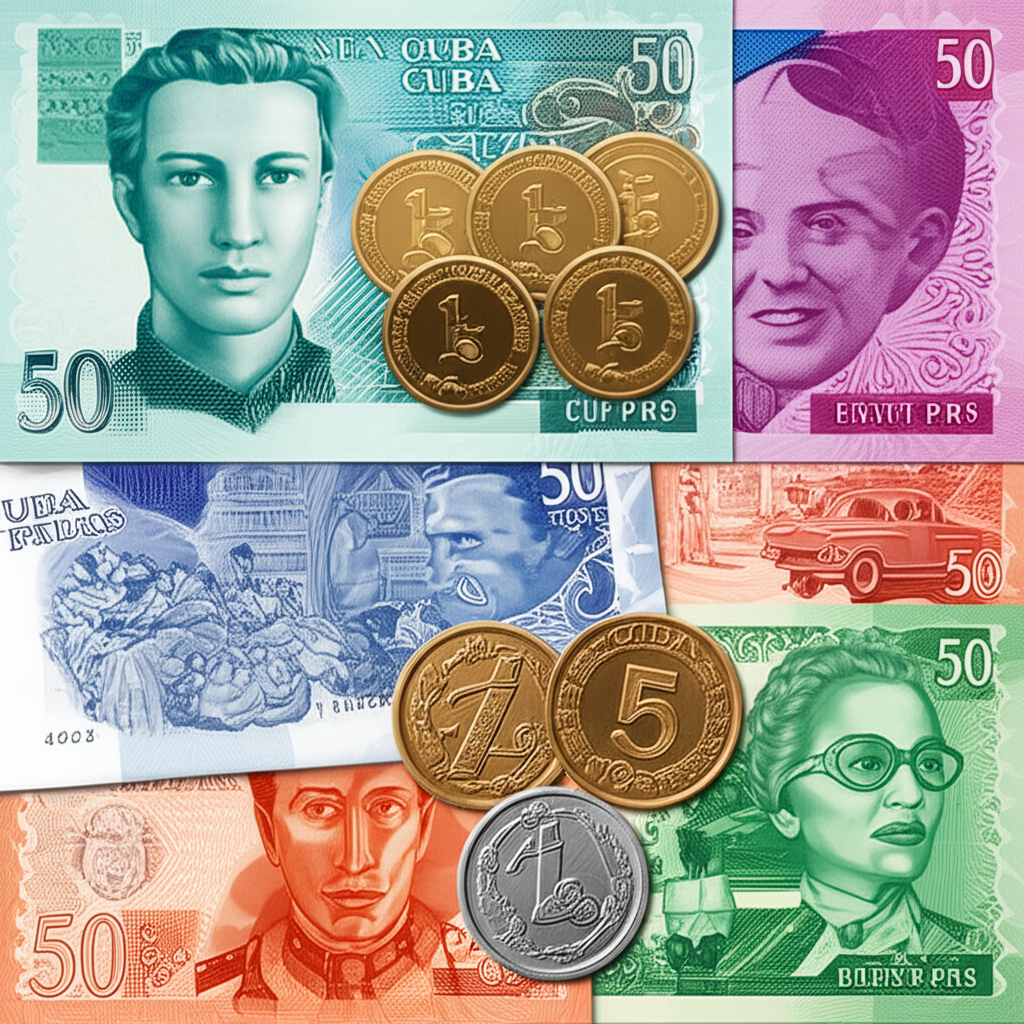 古巴披索鈔票與硬幣的使用情境,展示當地人日常交易