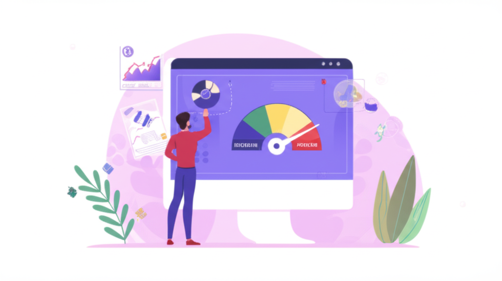 An illustration of a business owner observing a financial dashboard with a profit margin barometer indicating business health and growth potential