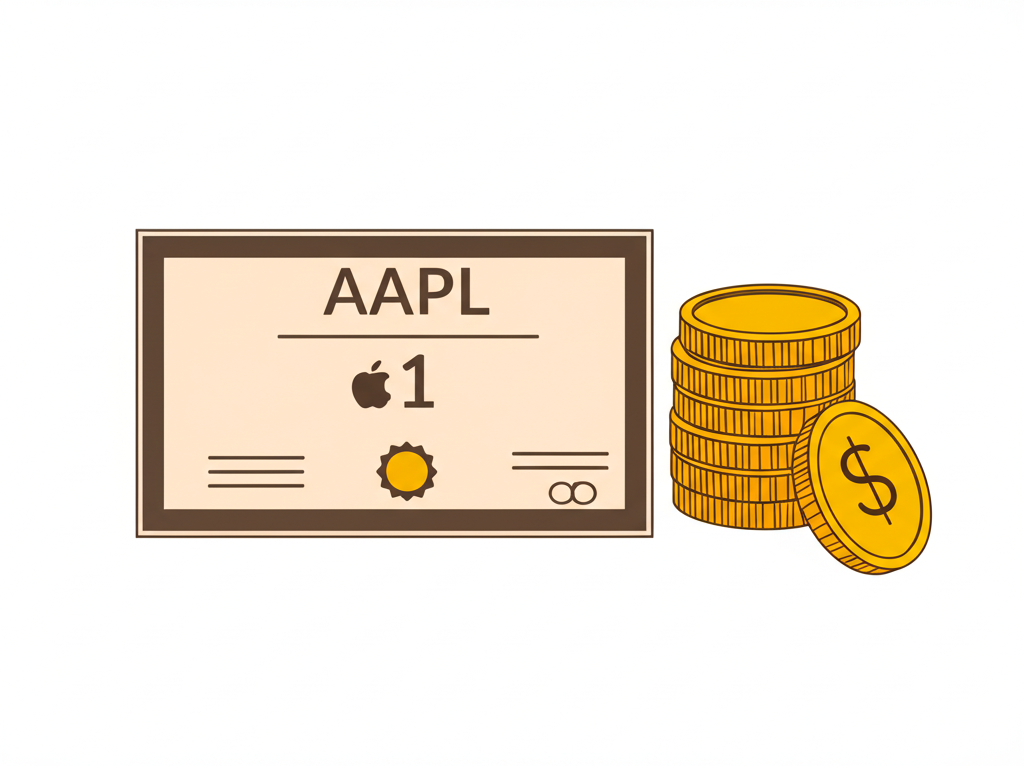 An illustration of a digital stock ticker displaying AAPL with real-time numbers a single share icon and a stack of coins symbolizing flexible investment units for US stocks