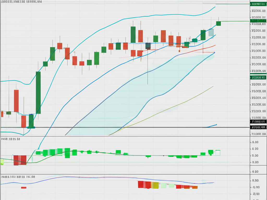 詳細數位螢幕顯示蠟燭圖與條狀圖,疊加移動平均線、RSI、MACD 和布林通道等技術工具,協助辨識市場趨勢