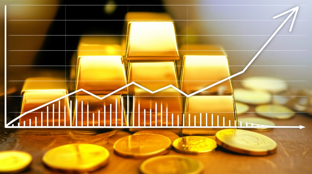 股票圖表背景下的金條與金幣,象徵黃金ETF投資概念