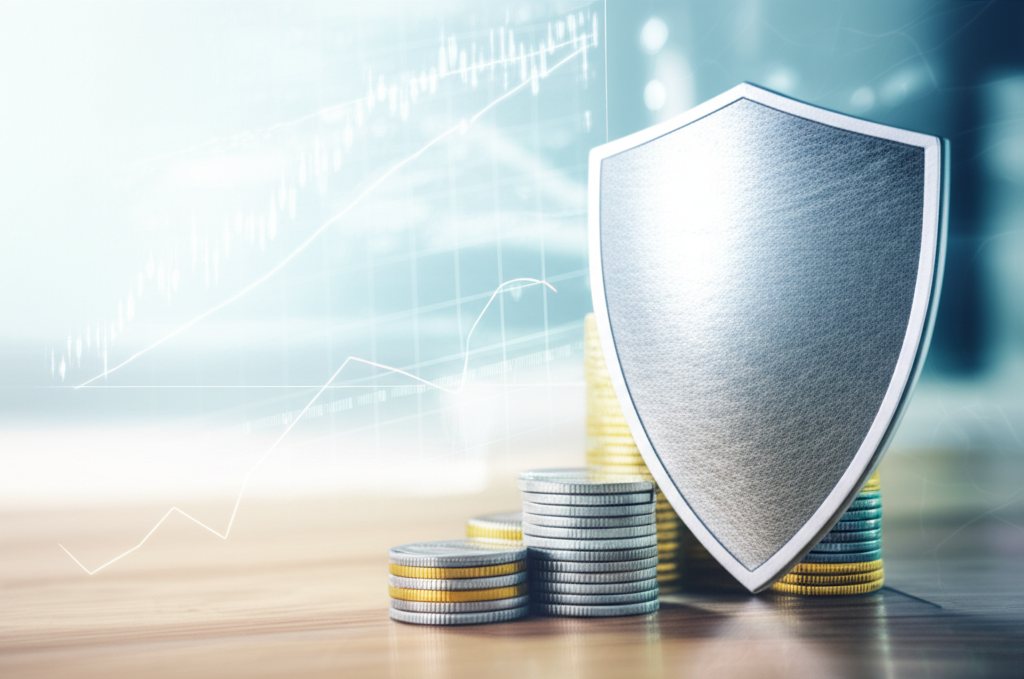 An illustration of a shield protecting a stack of money coins on a trading desk symbolizing financial protection and discipline in a volatile market with graphs in the background illustration style