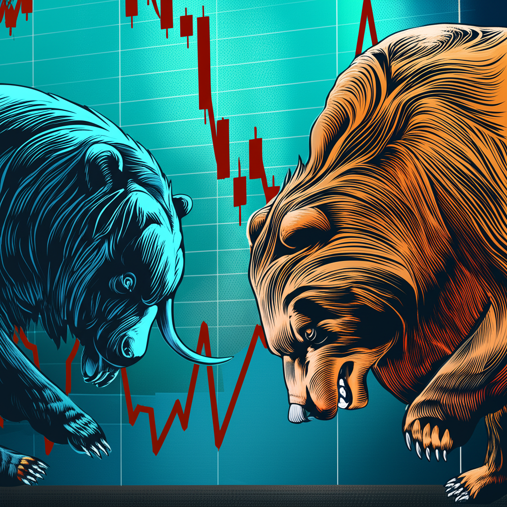金融市場中牛熊對立的象徵圖,背景為波動圖表顯示投資者情緒與經濟展望