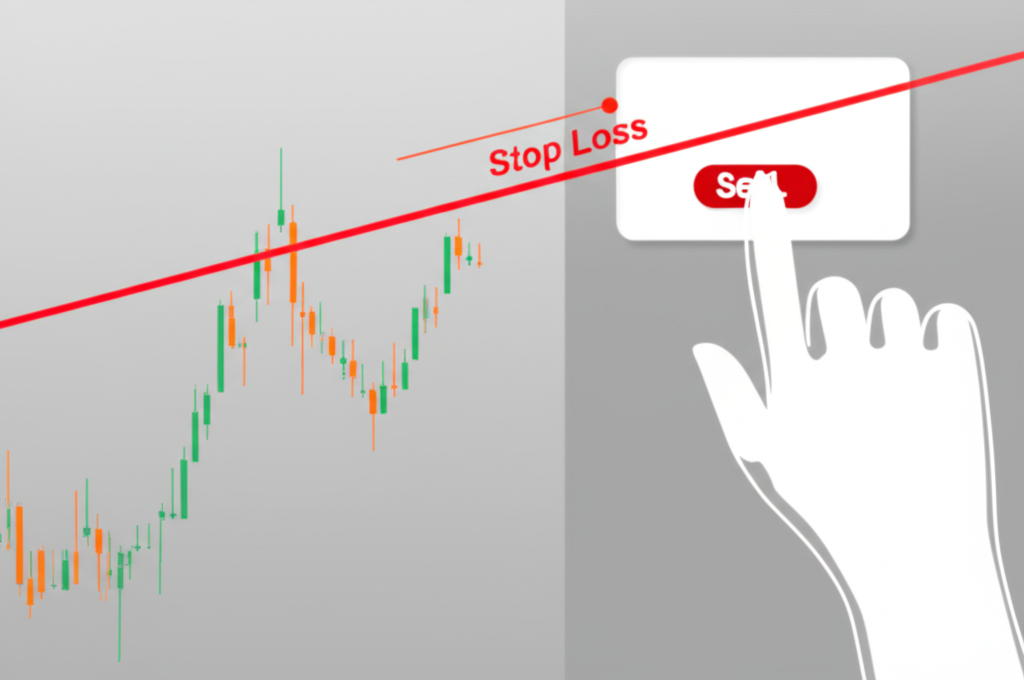 數位交易介面顯示紅色止損線，手指準備執行賣單，強調在波動市場中管理風險與保存資本