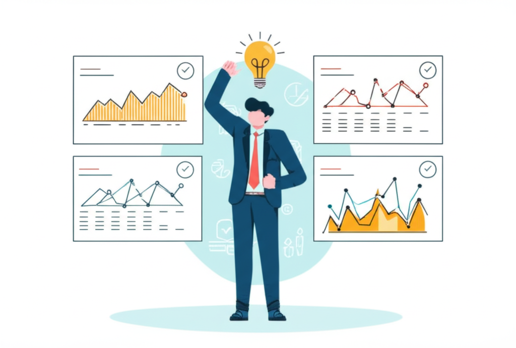 透過公司分析提升決策品質的圖示，顯示自信決策者頭頂燈泡，周圍環繞清晰的商業數據、財務圖表和風險符號