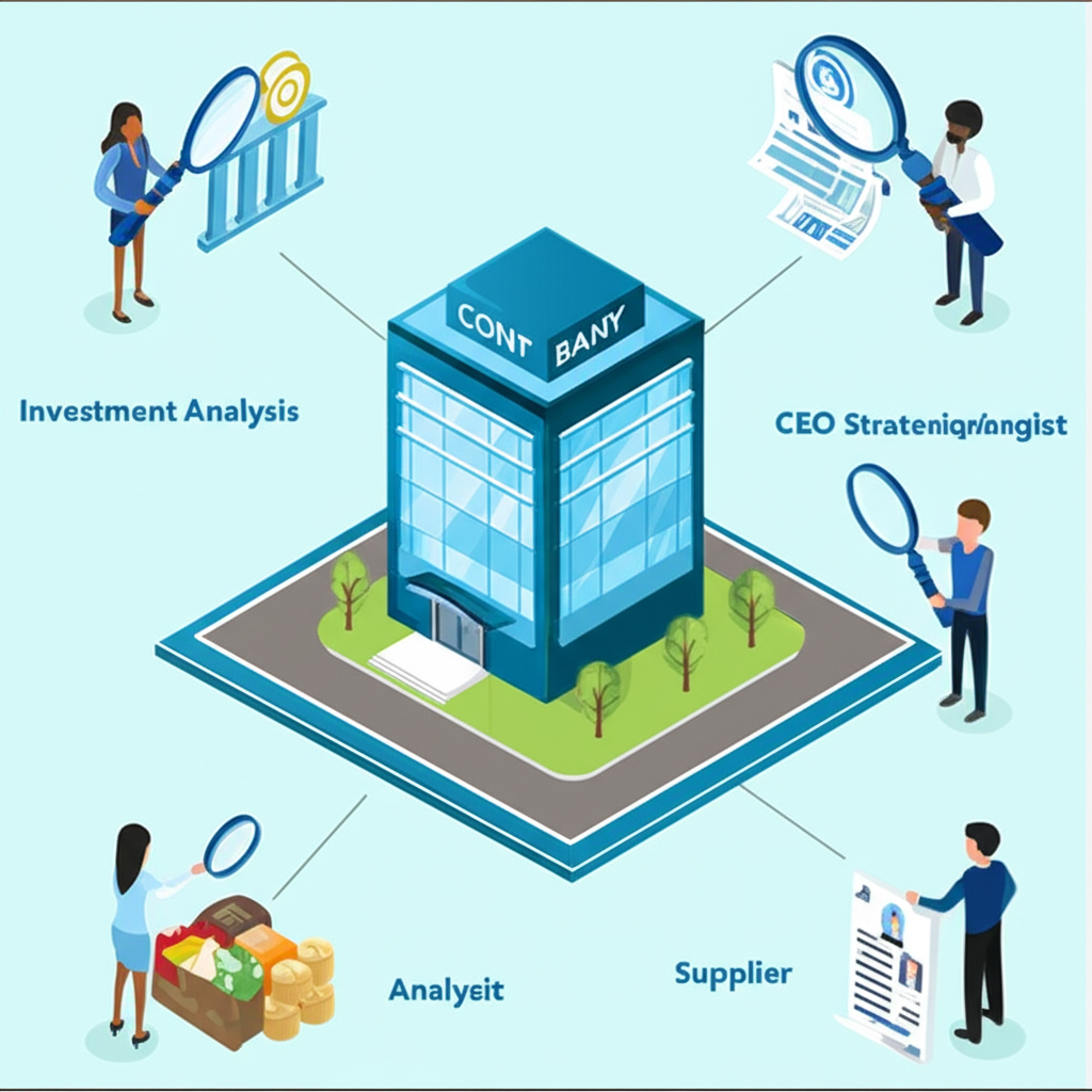 不同使用者群體進行公司分析的圖示，包括投資人用放大鏡、CEO制定策略、銀行分析師審閱文件、供應商處理貨物和求職者持履歷指向中央企業建築
