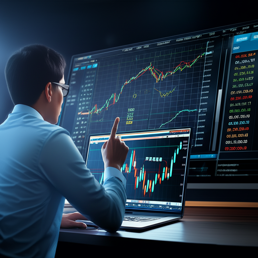 交易者使用 MetaTrader 4 成功進行金融交易的插圖，背景包含圖表與數字