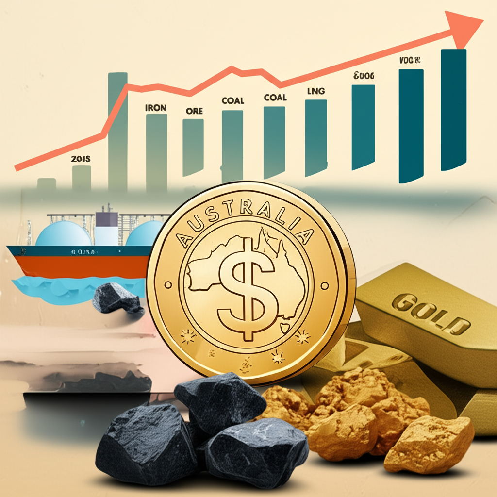 澳元貨幣周圍環繞鐵礦石、煤炭、液化天然氣與黃金等商品,伴隨經濟成長與高利率圖表
