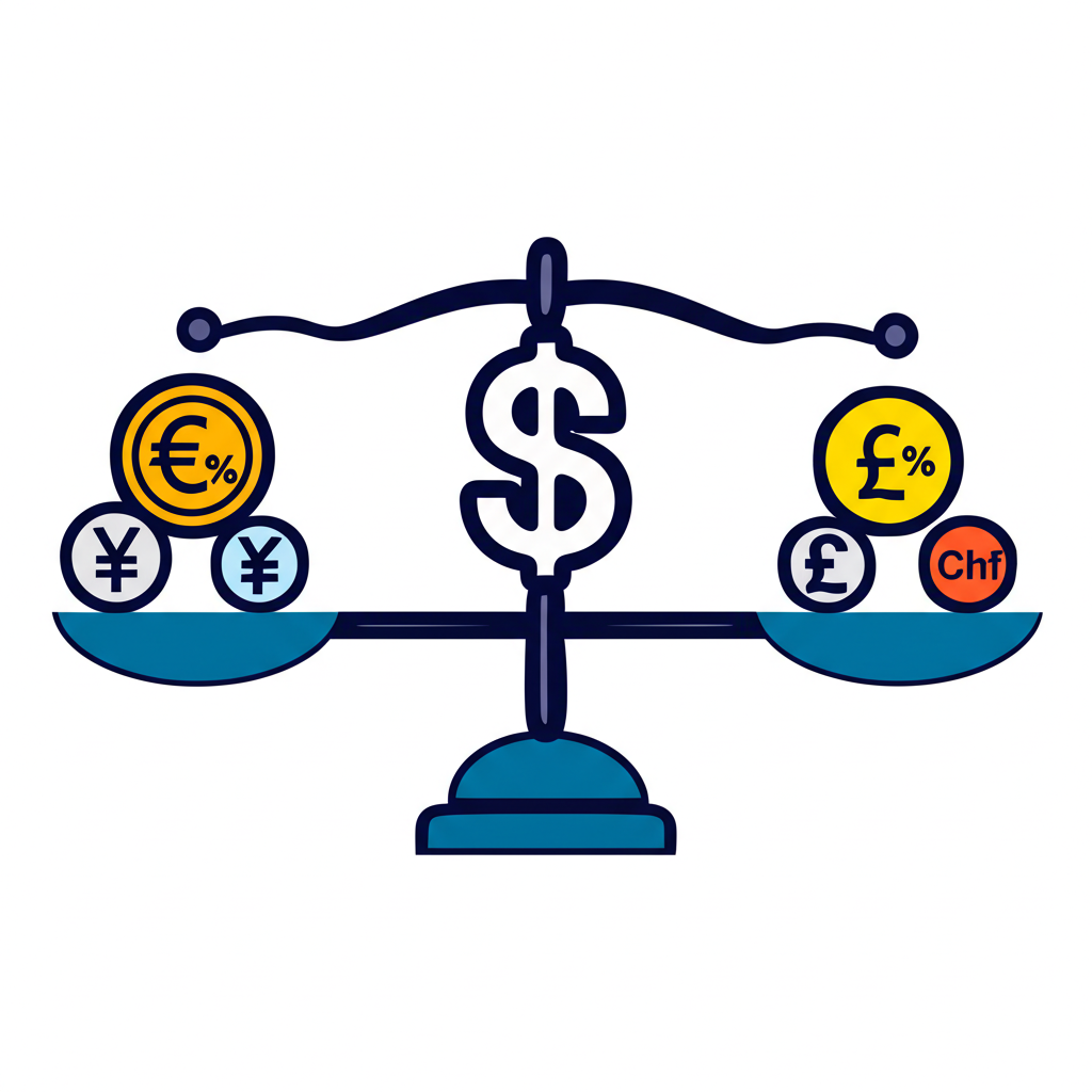 DXY 貨幣籃子權重圖示,包含歐元等貨幣與加權幾何平均計算