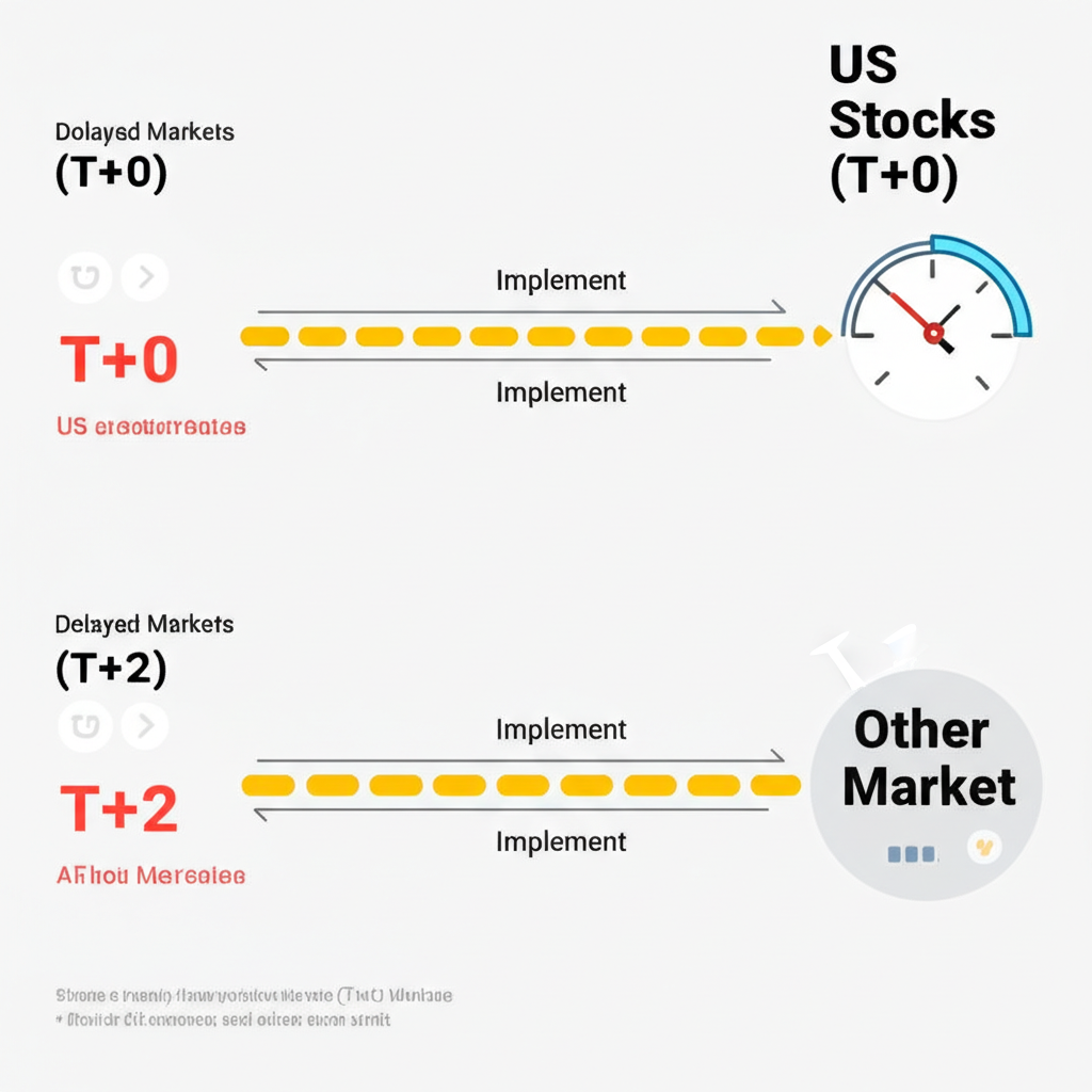T+0與T+2結算時間線比較，強調美股的即時靈活性