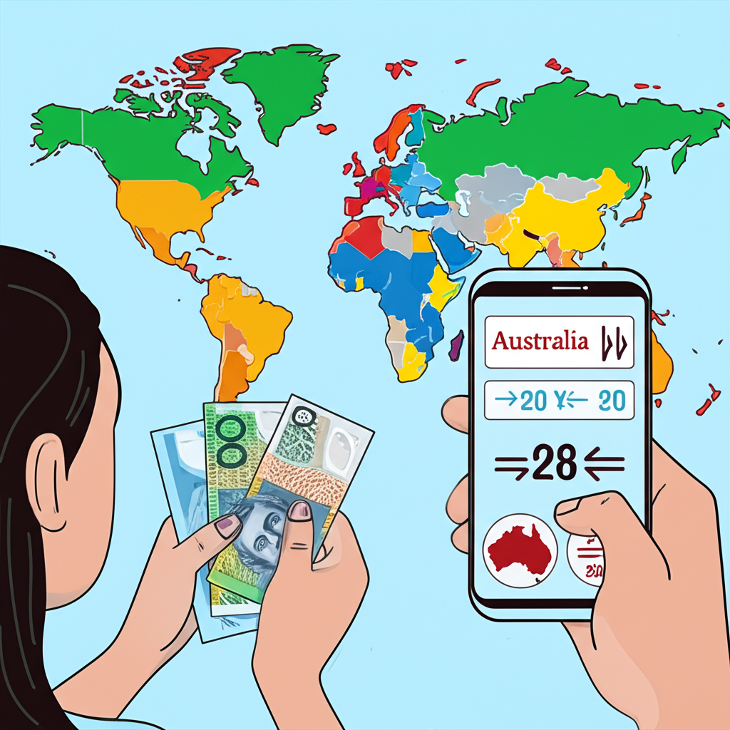 一位人士觀看世界地圖,澳洲部分標註突出,手持澳幣紙鈔與顯示匯率的智慧手機插圖