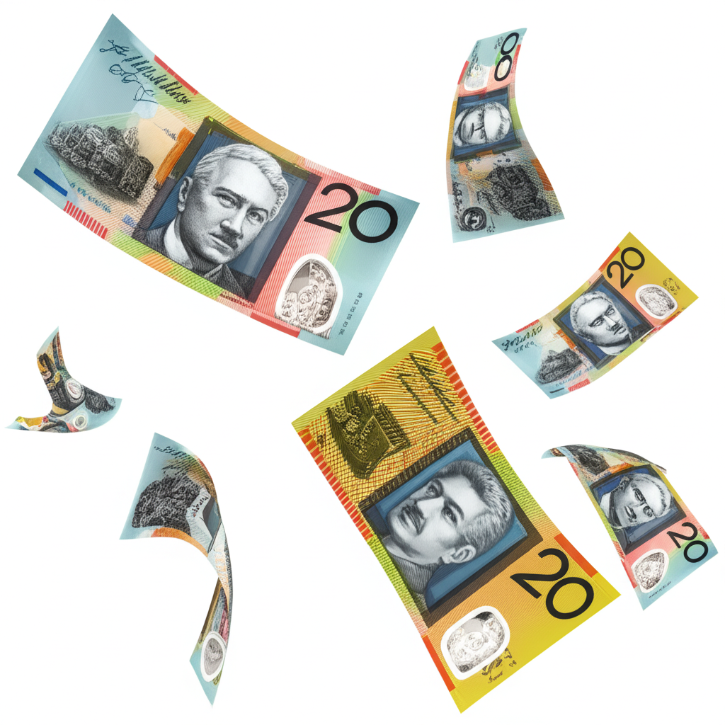 各種面額的澳幣聚合物紙鈔,浮動空中展示獨特防偽特徵插圖