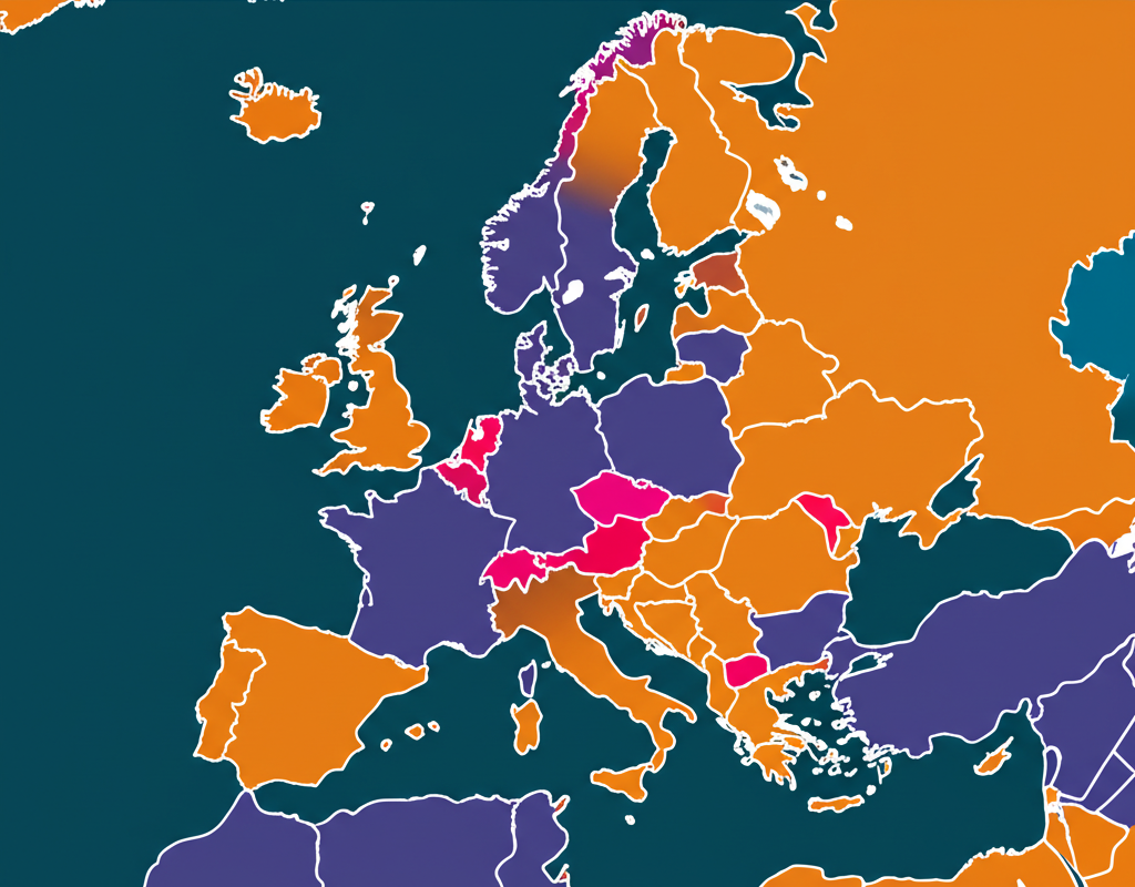 An illustration of a vibrant European map with 20 distinct country outlines brightly lit representing the Eurozone core members and their unity