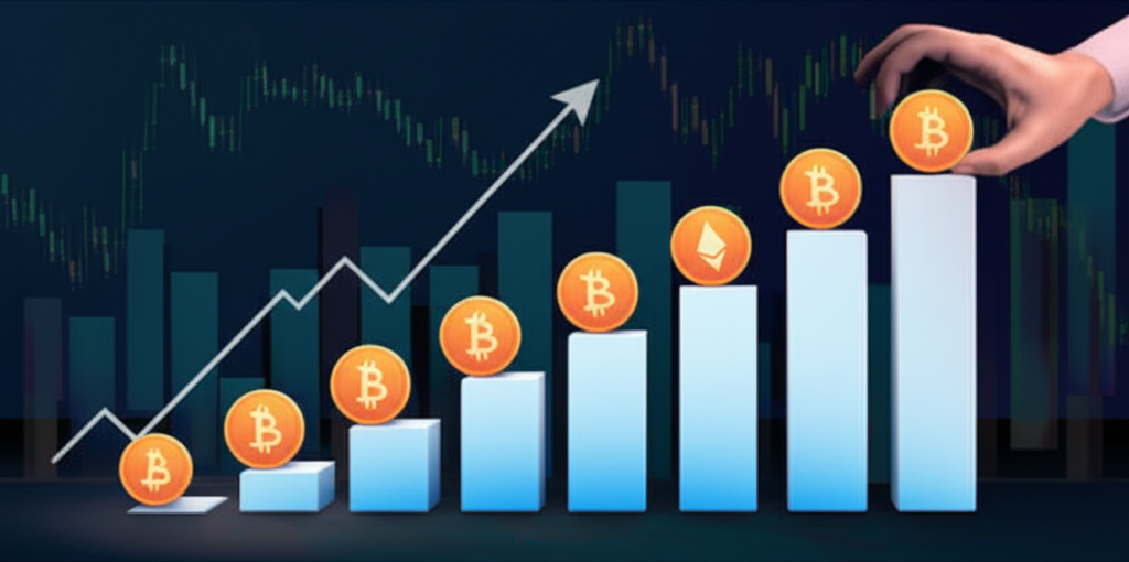 投資者策略性加倉資產放大獲利與降低成本的動態金融市場示意圖