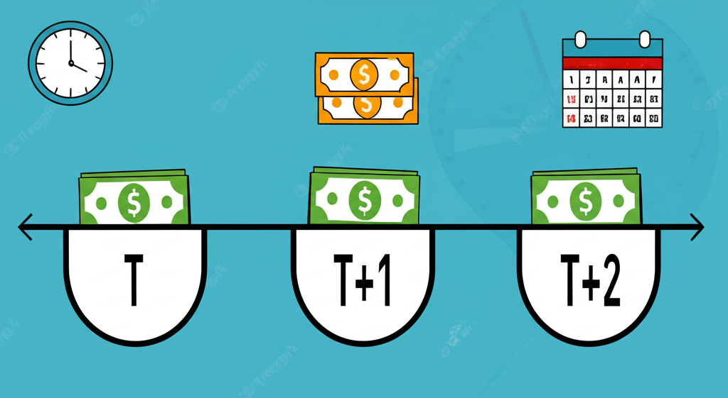 時間軸插圖顯示T日、T+1日與T+2日階段,股票在T+2兌換資金,背景有時鐘與日曆象徵結算流程