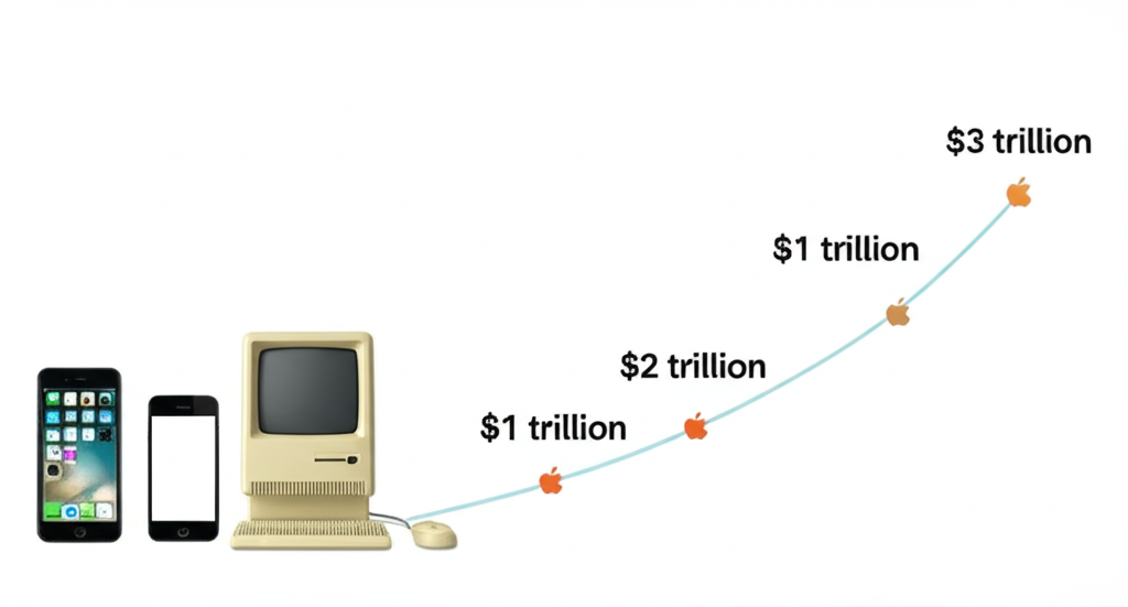 An illustration showing a timeline with iconic Apple products like an iPhone and a Mac leading to a soaring stock chart reaching market cap milestones of 1 trillion 2 trillion and 3 trillion dollars