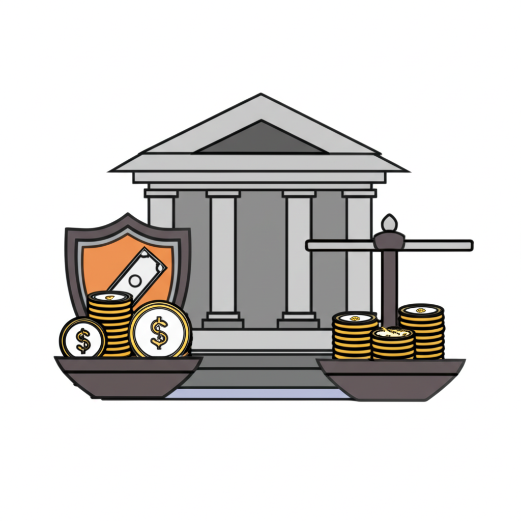 銀行建築與盾牌和金錢保護,平衡資本與風險的金融穩定概念圖