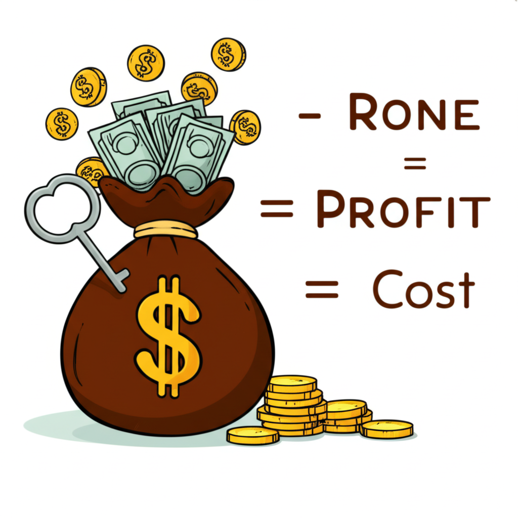 收入減成本等於利潤的簡單方程式插圖，錢幣流入錢袋代表企業收益，象徵生存與成長的關鍵