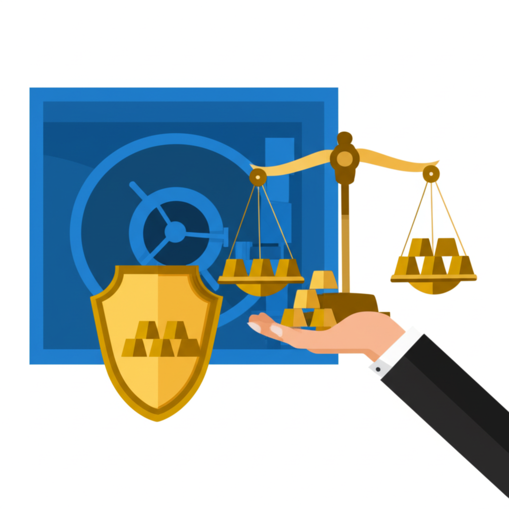An illustration of a central bank vault with gold bars representing economic strength and currency stability a shield protecting against global risks and inflation a hand placing gold on a world scale illustration style