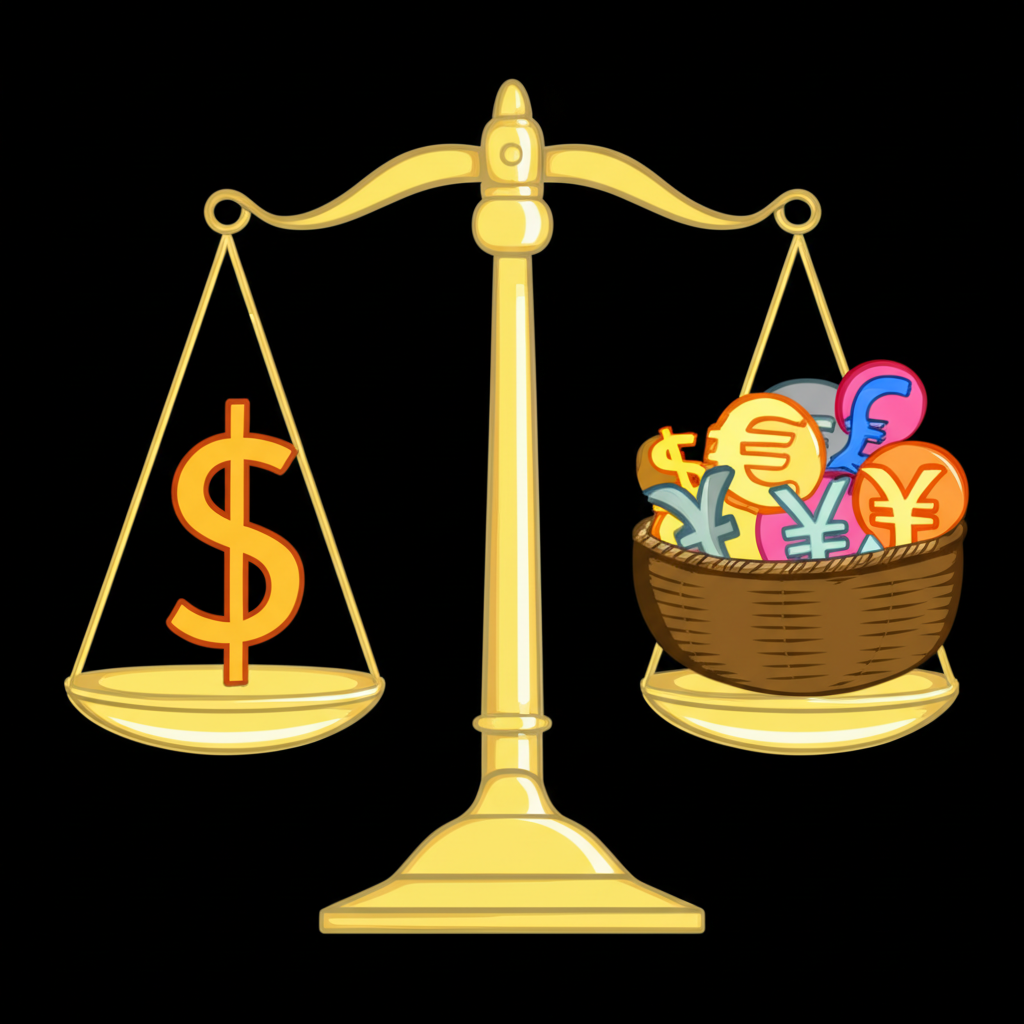 平衡秤一側為台灣幣符號另一側為全球貨幣籃子代表台幣指數衡量整體強度插圖