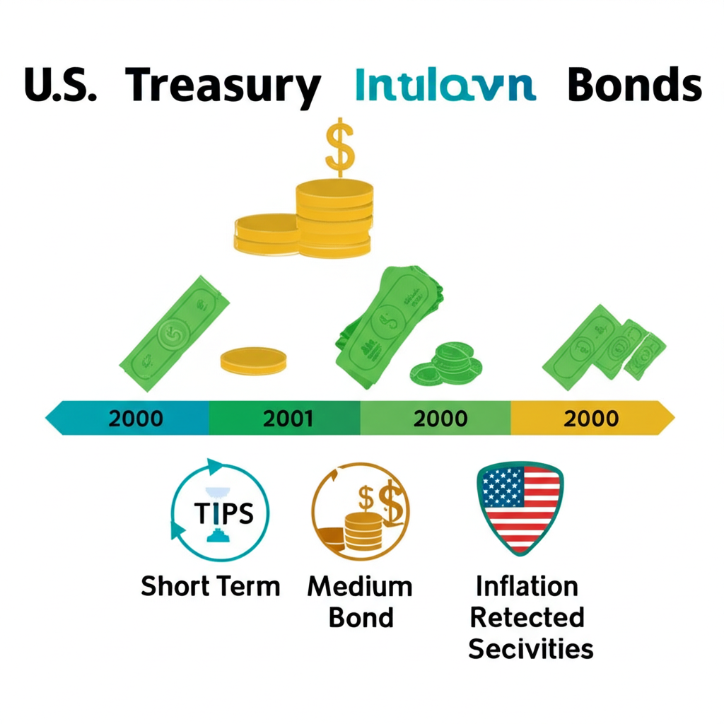美國國債各種類型的插圖，透過時間軸呈現短期、中期、長期債券，以及通膨保護債券的特殊符號