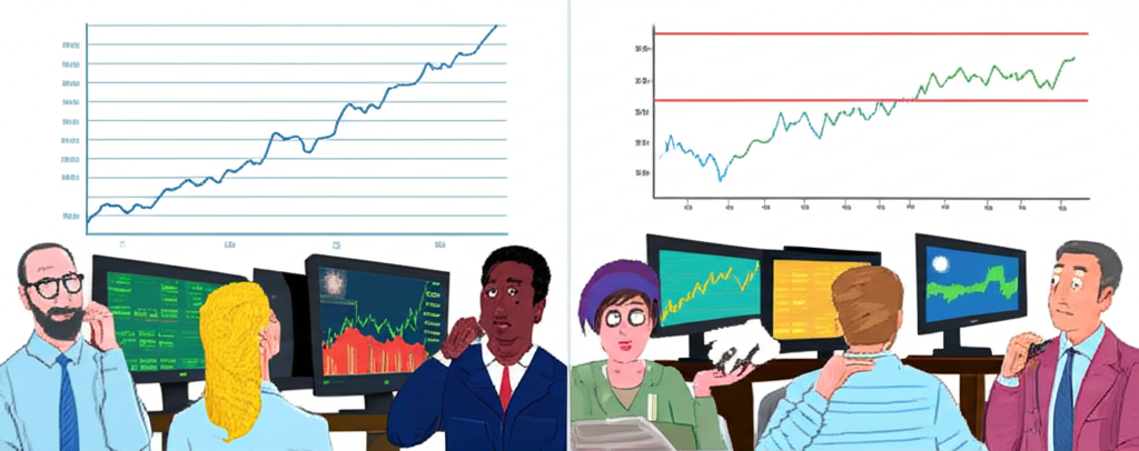 美股與台股漲跌幅比較圖：美股無限漲跌象徵自由市場，台股有明確漲跌停板邊界，投資人困惑注視螢幕