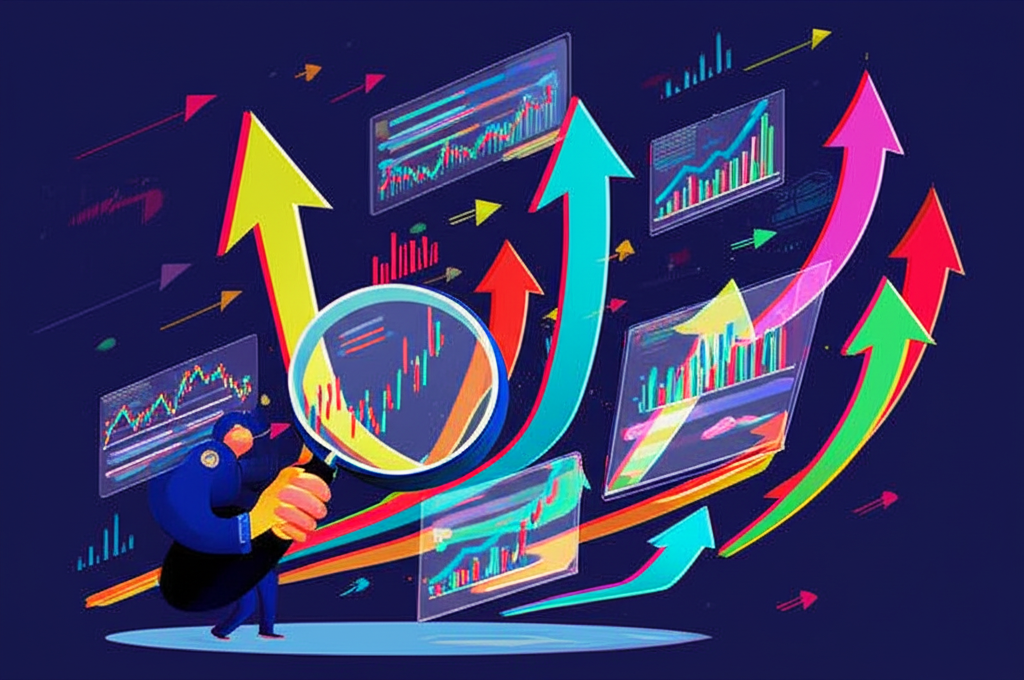 投資者手持放大鏡檢視股票圖表，周圍環繞上升趨勢的財務圖形，生動的插圖