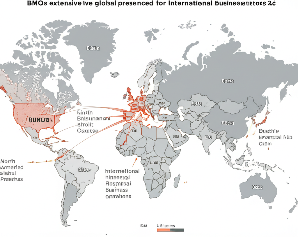An illustration of a world map with highlighted regions in North America Europe and Asia showing BMOs extensive global presence and interconnected financial hubs for international business operations
