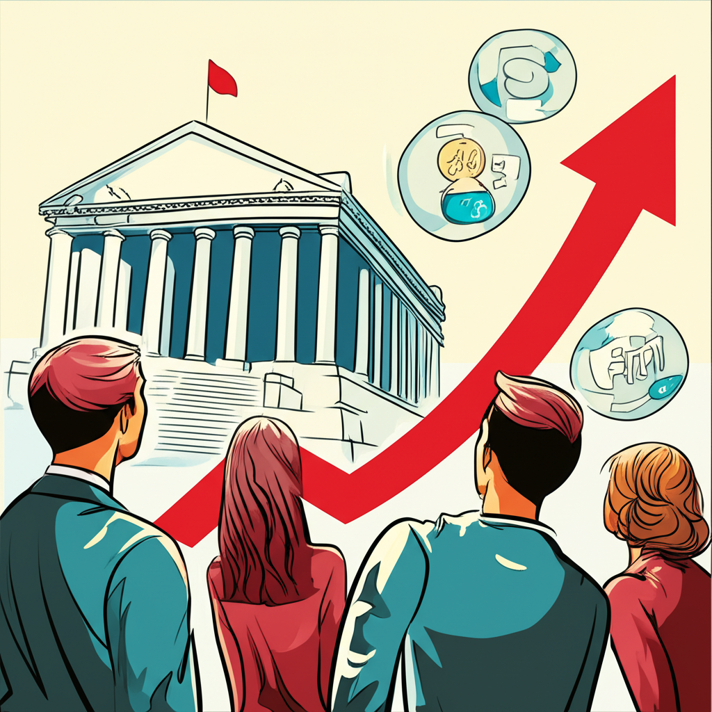 An illustration of a rising line graph for bond yields next to a central bank building with interest rate hike symbols and investors looking optimistically towards a future capital gains opportunity illustration style