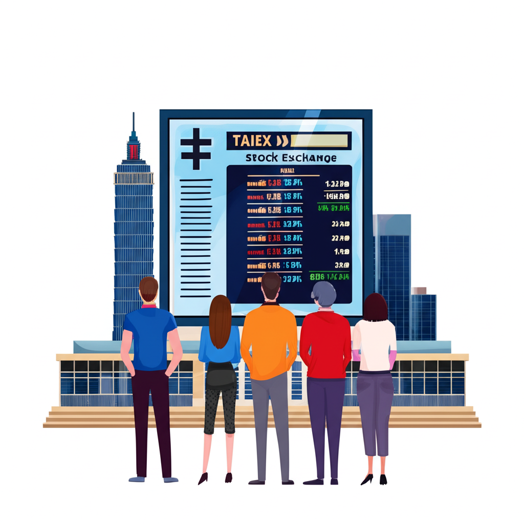 台灣證交所建築與TAIEX指數顯示螢幕示意圖,象徵主要市場指標