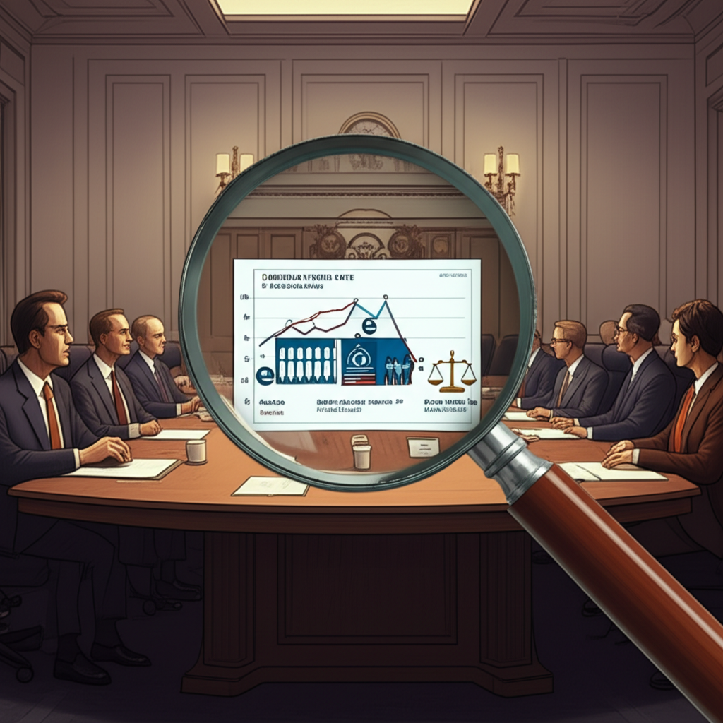 FOMC 委員會會議室場景，放大鏡聚焦聯邦基金利率調整圖表，伴隨就業與物價穩定符號