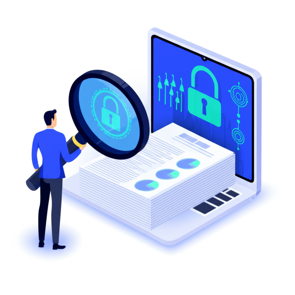 illustration of an investor in Taiwan and Hong Kong checking financial regulations with a magnifying glass showing legal documents and secure platforms