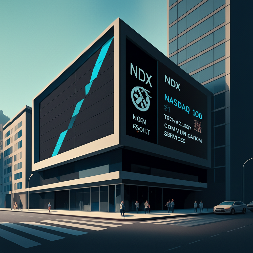 那斯達克股市建築插圖，顯示NDX與Nasdaq 100數字螢幕，代表科技與通訊服務等非金融產業