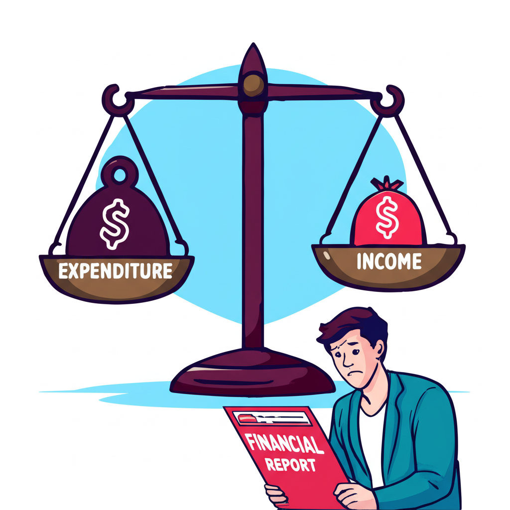 赤字概念的平衡秤示意圖,支出重於收入,顯示負平衡狀態,一人憂慮看紅色財務報告