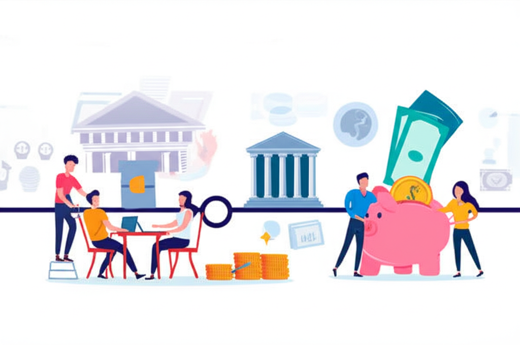 不同人物在經濟時間線中互聯,強調財務規劃與穩定