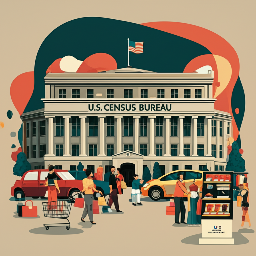 美國普查局建築物旁邊的月曆顯示數據發布,背景為消費者熱鬧購物汽車服裝電子產品的零售環境