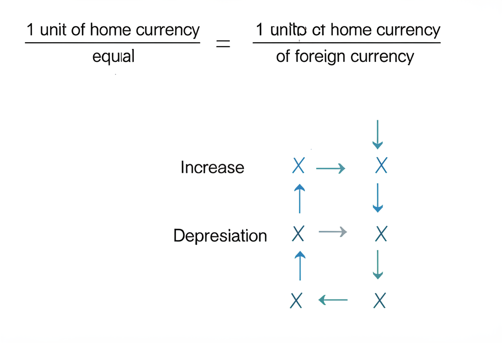 簡單數學方程式插圖:1單位本國貨幣等於X單位外國貨幣,箭頭顯示X增加時貨幣升值、X減少時貶值,清晰易懂