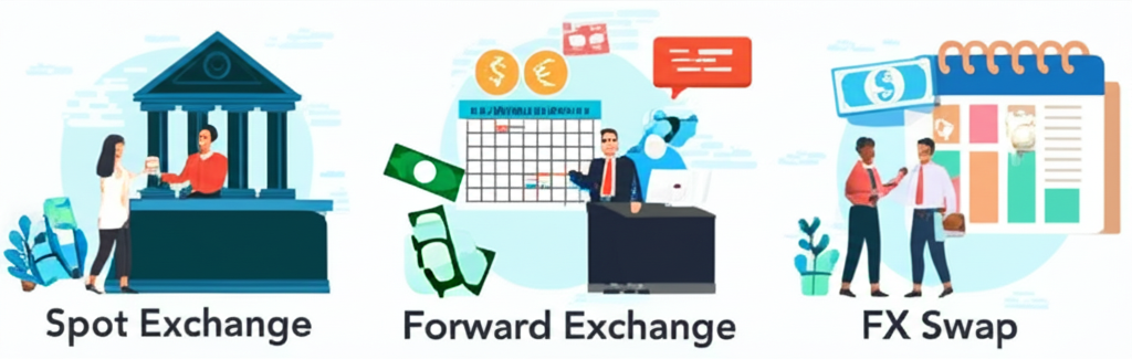 即期交易在銀行櫃台、遠期交易的日曆標記，以及兩家金融機構進行換匯交易的場景插圖